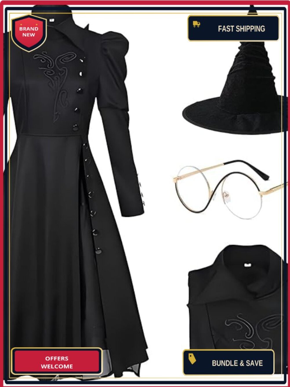 Wicked Elphaba Costume Set Dress Hat Glasses Cosplay Halloween